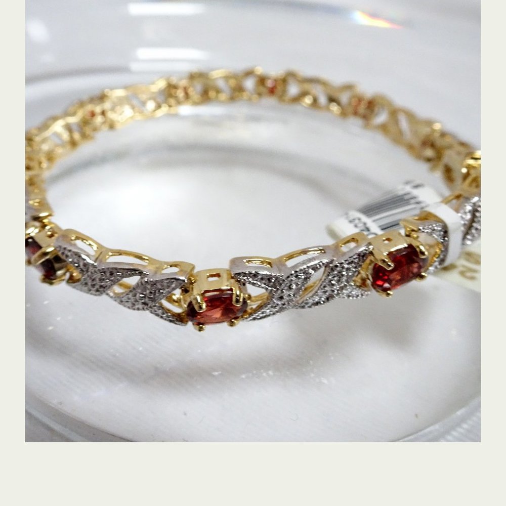 NWT January Birth Stone Garnet Diamond 24KT Gold .925 Silver Tennis Bracelet - Picture 11 of 13
